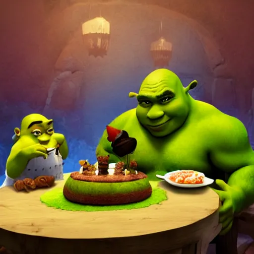 Prompt: Shrek eating cake with Putin, trending on artstation, 4K