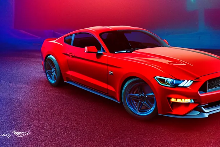 Prompt: red Ford Mustang in the city with blue lighting, synthwave, background lit, high quality