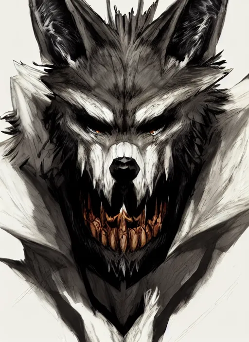Image similar to Half body portrait of a scary gnoll wolf man with human and animal skulls as attire. In style of Yoji Shinkawa and Hyung-tae Kim, trending on ArtStation, dark fantasy, great composition, concept art, highly detailed.