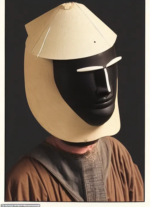 Image similar to realistic photo of a a medieval ritual astronomy appliance hat, made of wood white clay black plastic 1 9 9 0, life magazine reportage photo, natural colors, metropolitan museum collection