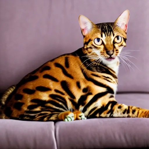 Prompt: Bengal cat sitting on the couch