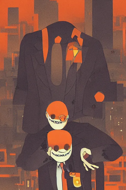 Image similar to tatsuki fujimoto illustration of an orange-headed businessman, creepy face, cyberpunk city