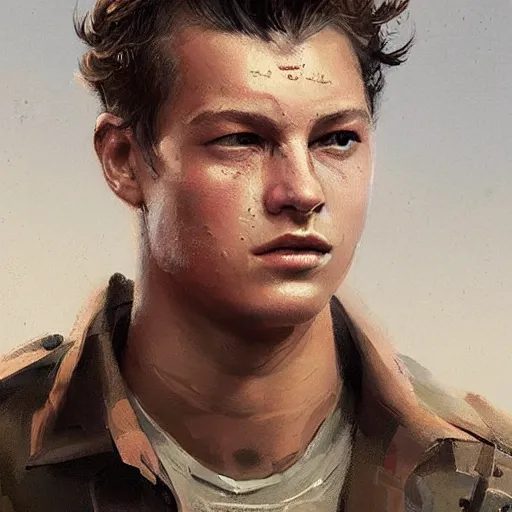 Prompt: portrait of a man by Greg Rutkowski, who looks like a mixture between Joe Keery and Tye Sheridan wearing orange camouflage military fatigues, scifi, highly detailed portrait, digital painting, artstation, concept art, smooth, sharp foccus ilustration, Artstation HQ