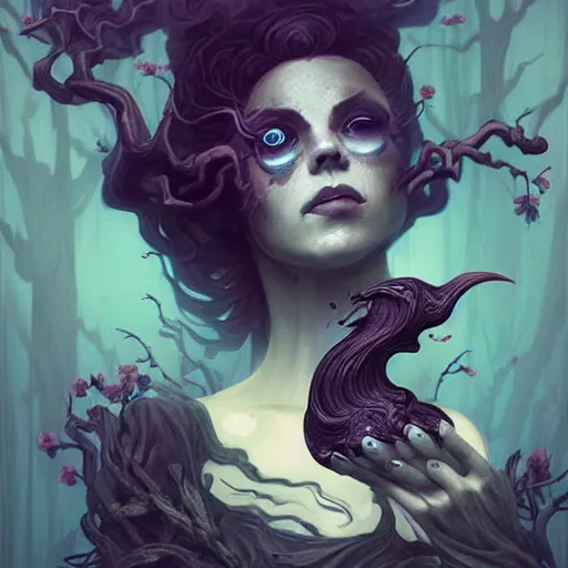 Image similar to fantasy portrait of a woman made of obsidian and smoke, carved Japanese Sakura wood organic overgrowth, holding nevermore, in GTA V, peter mohrbacher, artgerm, James Jean