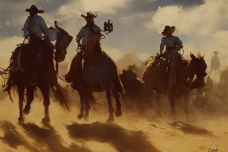 Prompt: ghostly cowboys in clouds above in dusty wild west street, art by anders zorn, wonderful masterpiece by greg rutkowski, beautiful cinematic light, american romanticism by greg manchess, jessica rossier