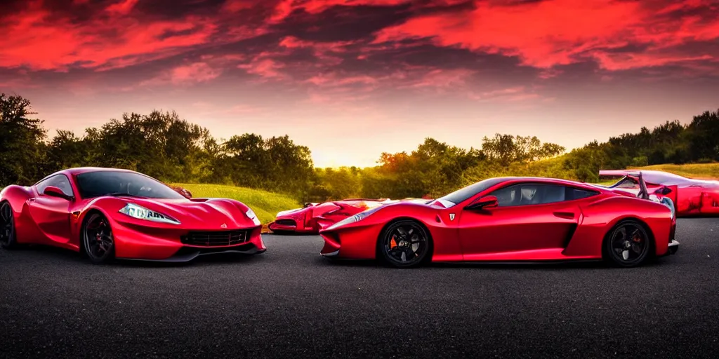 Image similar to cinematic fast sportscar reminiscent of toyota, ferrari and porsche in a lush field, shiny, red, beautiful lighting, photorealistic, sharp, sunset, by scott robertson