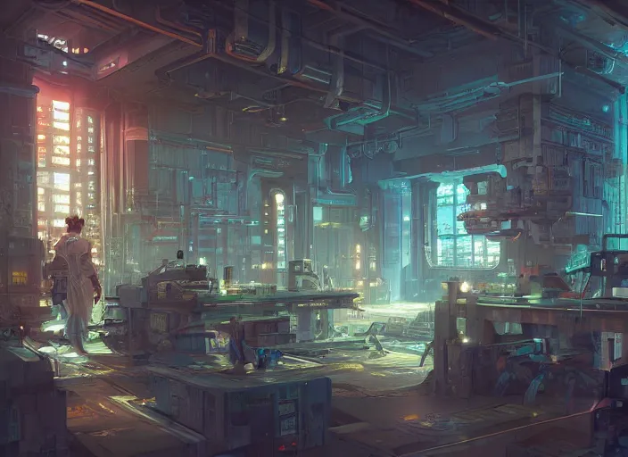 Image similar to inside a big cyberpunk manufactury, unreal engine, fantasy art by greg, loish, rhads, ferdinand knab, tom bagshaw, makoto shinkai and lois van baarle, rossdraws, ilya kuvshinov, night lighting, trending on studio ghibli, highly detailed, 8 k, octane render