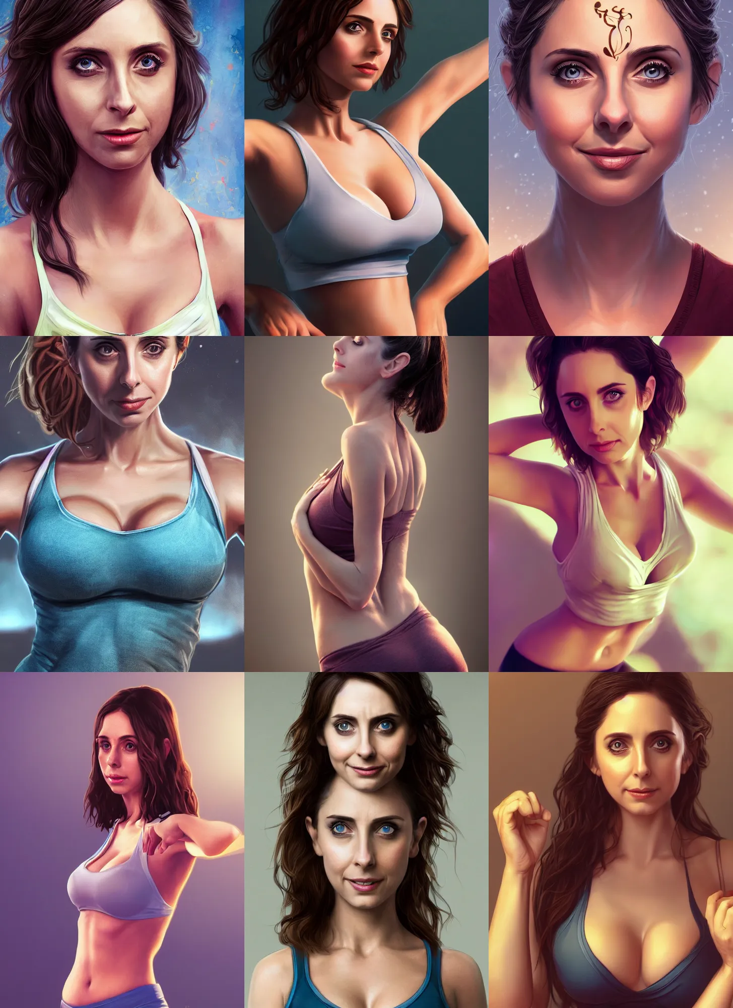 Prompt: very detailed picture of yoga instructor, fantasy, beautiful, pretty face, curvaceous, 4 k, alison brie, cinematic lighting, highly detailed, sharp focus, artstation, masterpiece, art by hyungjin yang