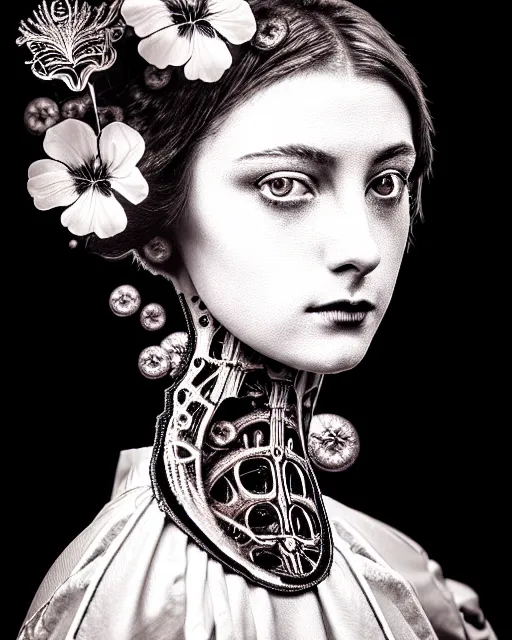 Image similar to black and white masterpiece profile portrait painting with no frame, dutch masters, silver lace floral steampunk biomechanical beautiful one techno eye young female cyborg, big monocular, volumetric light, hibiscus flowers, by dora maar, rim light, big gothic fashion pearl embroidered collar, 8 k