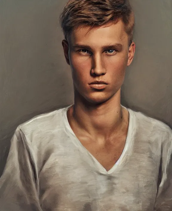 Image similar to heroic portrait of a young swedish man. art by denys tsiperko and bogdan rezunenko, hyperrealism