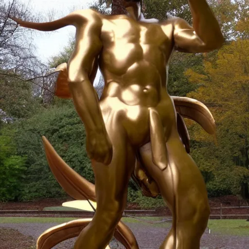 Image similar to male demon, devil golden monument stands in a park