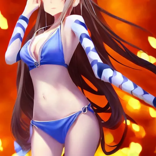 Image similar to a very beautiful mature yuuki asuna, full body, long wavy blond hair, sky blue eyes, full round face, bikini, miniskirt, front view, mid - shot, cute pose, highly detailed, cinematic wallpaper by stanley artgerm lau