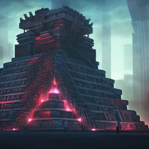 Prompt: Mayan temples merged with cyberpunk futuristic aesthetic 4k highly detailed