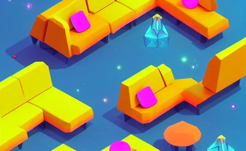 Image similar to isometric object is a low poly isometric sofa with alien aesthetic inspired by pandora in the avatar movie, it has bioluminescent plants growing on top of it, beautiful neon orange - yellow with blue hints and it's bedecked with some sparkling crystals all over the place. black background, night isometric artstation neon. behance, pinterest