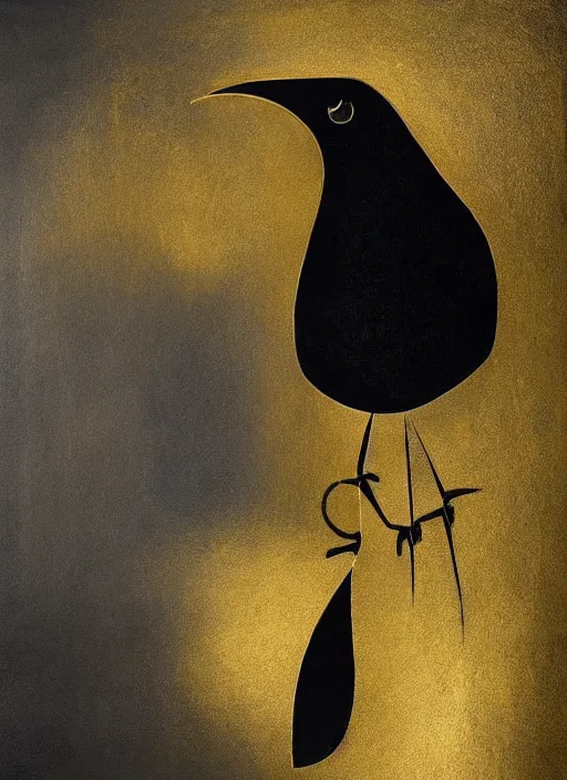 Image similar to crow, award - winning painting, abstract, gold and silver shapes, elegant, luxurious, beautiful, pitch black background, chiaroscuro