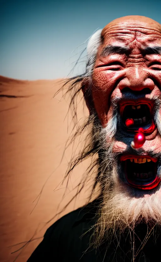 Image similar to screaming old asian man with beard, his head covered in jewels, full face silver mask, glowing eyes, wearing a wooden stick, smoke around him, in the dry rock desert, cinematic shot, wide angle, desert background, award winning photography, 8k, in the style of David Lynch, Alejandro Jodorowsky and Gaspar Noe