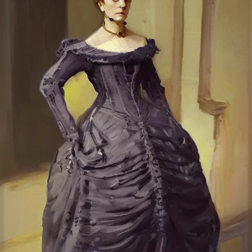 Image similar to oil portrait of a victorian lady wearing a beautiful dress by greg rutowsky, trending on artstation