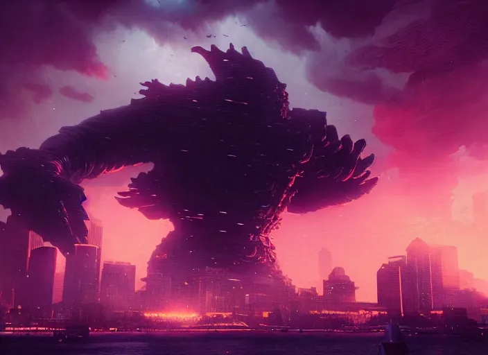 Image similar to seattle being attacked by a giant herculean demon, by beeple and maciej kuciara and greg rutkowski