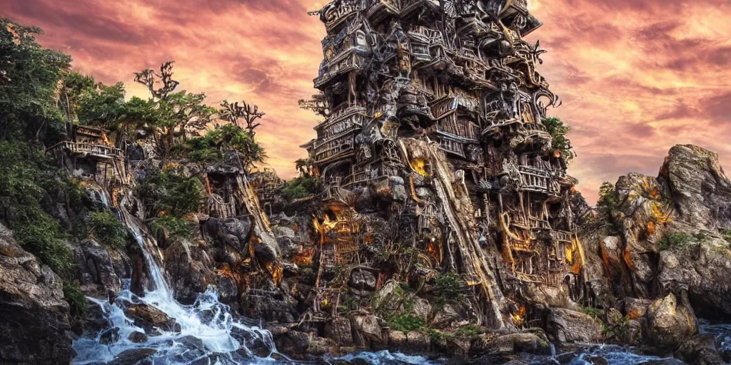 Prompt: a tower made of pirate ships staked on top of each other, ornate with gold trimmings by Adam Paquette , zhelong xu, Andree Wallin, carved into the side of subterranean rocky cliffs side by side a Very tall huge raging waterfall, river at the bottom, wide angle, insanely detailed, intricate, sunset, backlit lighting, dramatic lighting cinematic composition, composition by raphael lacoste, Neil blevinseddie mendoza, trending on artsation, octane render, hyper realistic, vray