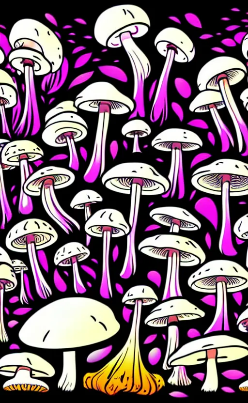 Image similar to psychedelic mushrooms wide angle shot, white background, vector art, illustration by frank frazetta