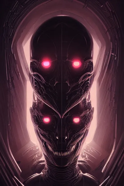Prompt: professional concept art symmetrical portrait of a horror robotic nightmare species in deep dark room by artgerm and greg rutkowski. an intricate, elegant, highly detailed digital painting, abstraction, concept art, smooth, sharp focus, illustration, in the style of cam sykes.