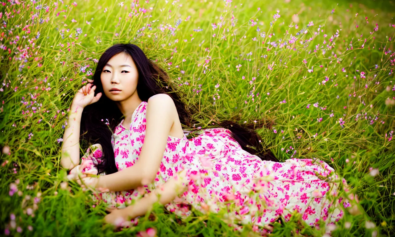 Prompt: a beautiful young Asian woman lying in a field of wildflowers, wearing a sun dress, portrait, dreamy, cinematic, depth of field, glow