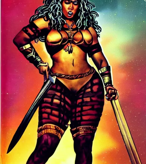 Image similar to 1 9 8 0 s fantasy novel book cover, plus size amazonian nicki minaj in extremely tight bikini armor wielding a cartoonishly large sword, exaggerated body features, dark and smoky background, low quality print
