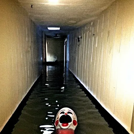 Prompt: a flooded creepy empty basement hallway with a creepy clown, craigslist photo