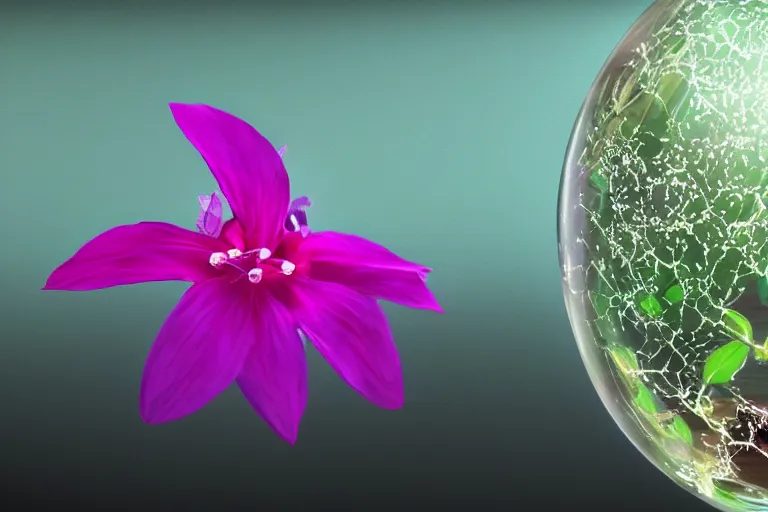 Prompt: fuchsia and aquamarine biospherical biodiversity, luminescence, macro. Photo-realistic UHDR, hyperrealism, very detailed, cinematic,