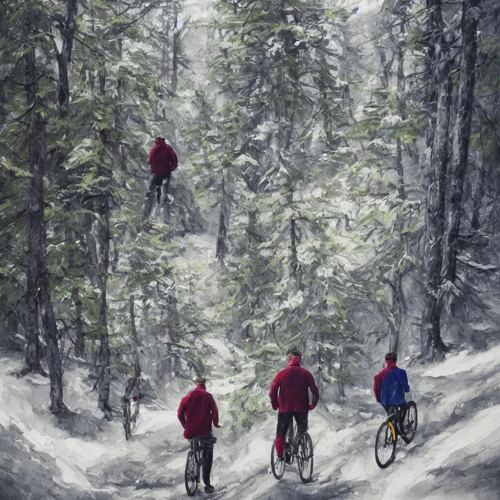 Image similar to Two men biking up a steep forest hill with a deep dark blue sweater and a wine red sweater. sweaty. Oil painting. Emotional. Trending on artstation. Steep. Nordic Trees. Rustic. Artistic.