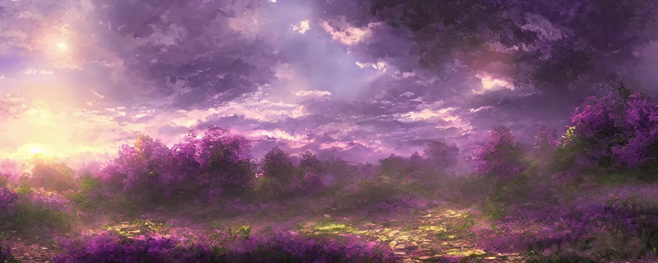 Image similar to a beautiful landscape of a sunset violet evergarden style, concept art, digital art