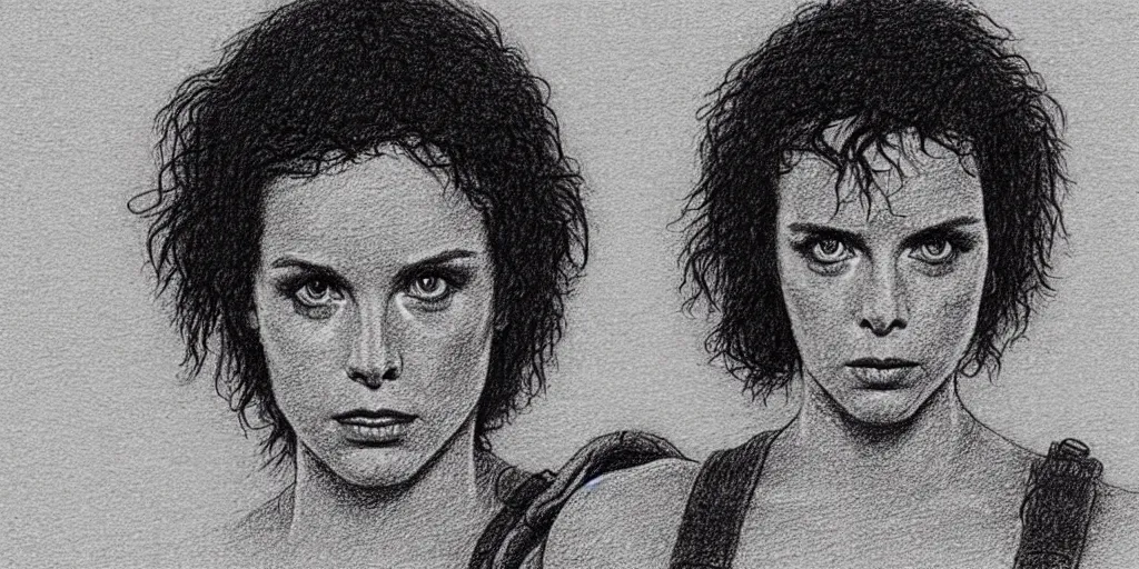 Image similar to a stipple drawing of ripley from the movie alien, looking into the camera