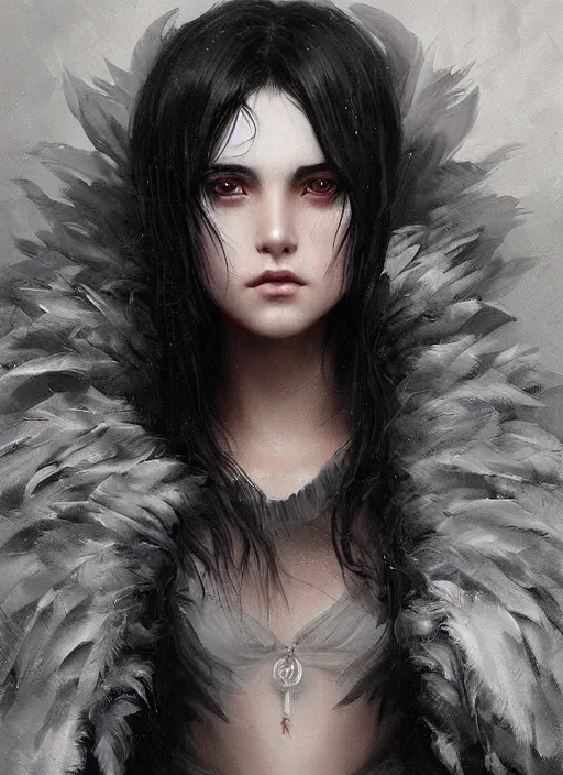 Image similar to a teenage girl with very short black hair and a huge cloak made of grey and black feathers. beautiful highly detailed face. beautiful painting by artgerm and greg rutkowski and raymond swanland