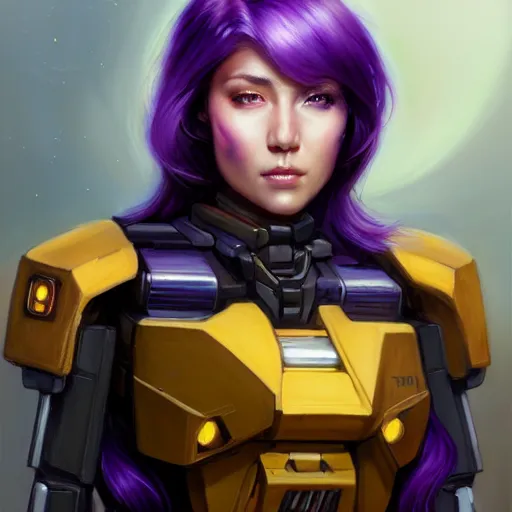 Image similar to a portrait of a very beautiful woman in battletech elemental clanner clan battle armor, Alexandria\'s genesis, chin-length purple hair, bored, illustration, soft lighting, soft details, painting oil on canvas by mark arian by artgerm, trending on artstation, 4k, 8k, HD