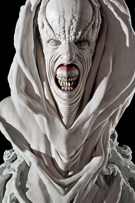 Prompt: Epic view of intricate Veiled Clown with twisted neck statue sculpted on white marble by Antonio Corradini, Wayne Barlowe and Artem Demura