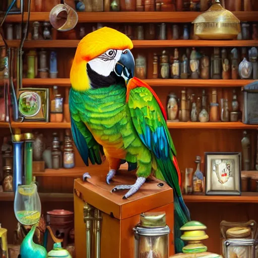 Image similar to Anthropomorphized parrot trader in his shop, shelves full, selling a gem, portrait, items, magic potions, carpet, window, fancy funny hat, sly expression , cunning expression, cute expression, presenting magic gem, D&D, fantasy, cinematic lighting, highly detailed, digital painting, artstation, concept art, smooth, sharp focus, illustration, warm light, cozy warm tint, magic the gathering artwork, volumetric lighting, 8k, no gold, no gold colours, art by Akihiko Yoshida, Greg Rutkowski