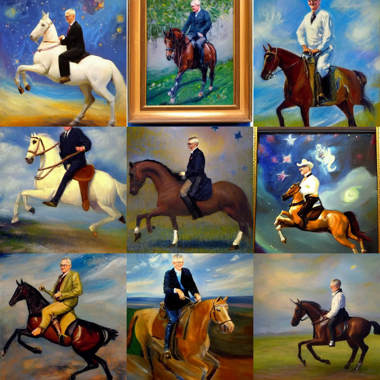 Prompt: An impressionist oil painting of Carl Bildt riding a horse in space