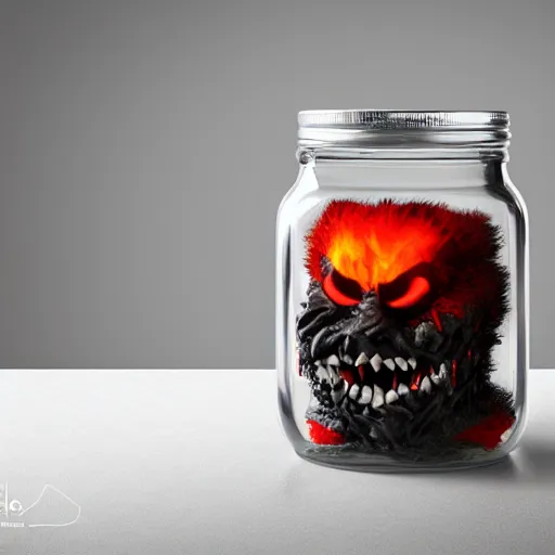 Image similar to Evil monster in a jar, product photography, centered, studio lightning