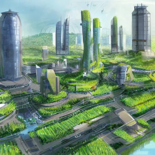 Painting of solarpunk city, futuristic, lush vegetation, ambient 