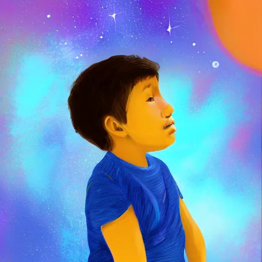 Prompt: a kid thinking of the universe, digital painting, elegant color palette