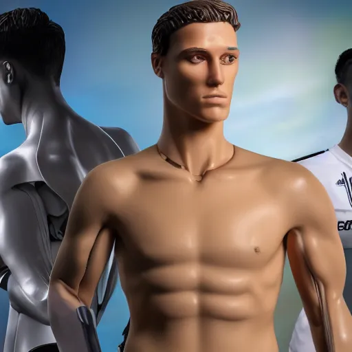 Image similar to a realistic detailed photo of a guy who is an attractive humanoid who is half robot and half humanoid, who is a male android, attractive and handsome soccer players, shiny skin, posing like a statue, blank stare, in a factory, on display, showing off his muscles, wearing soccer shorts, side view, looking at each other mindlessly