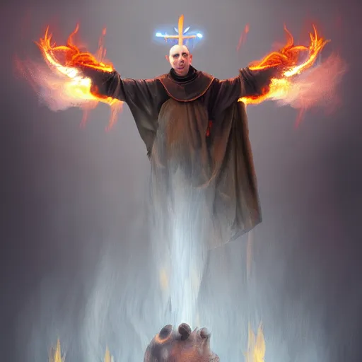 Image similar to ram horned catholic monk like half-lamb brings fire down from the sky, medieval style, trending on artstation, highly detailed, digital painting, volumetric light, concept art, sharp focus, illustration