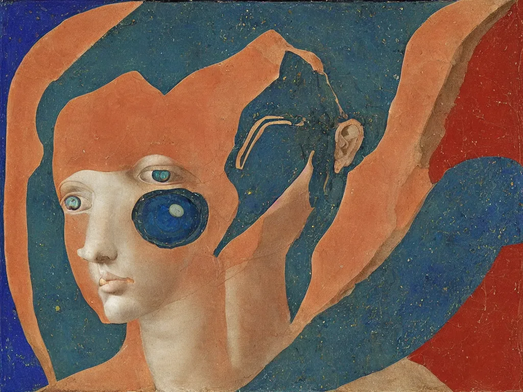 Image similar to marble greek sculpture head of the god of the cosmic horror with inlaid crystal eye. lapis - lazuli, turquoise, malachite, cinnabar, earth brown. painting by piero della francesca, balthus, agnes pelton