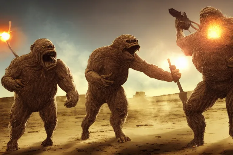 Image similar to photo, two old hairy fat ugly men! fighting alien monsters 4 0 1 2 6 on a beach, highly detailed, scary, intricate details, volumetric lighting, front view