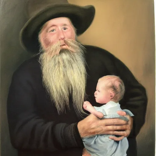 Prompt: laszlo moholy painting of beard grandpa taking a photo to a baby girl