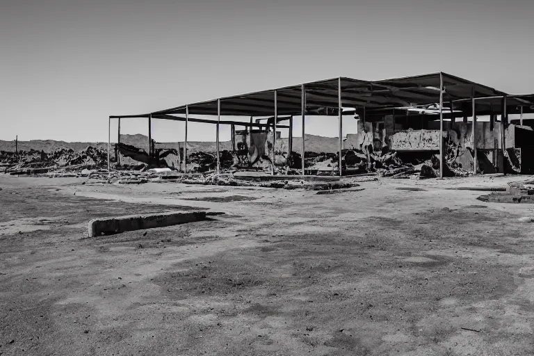 Prompt: ruins of a shopping mall in a desert, DSLR photography