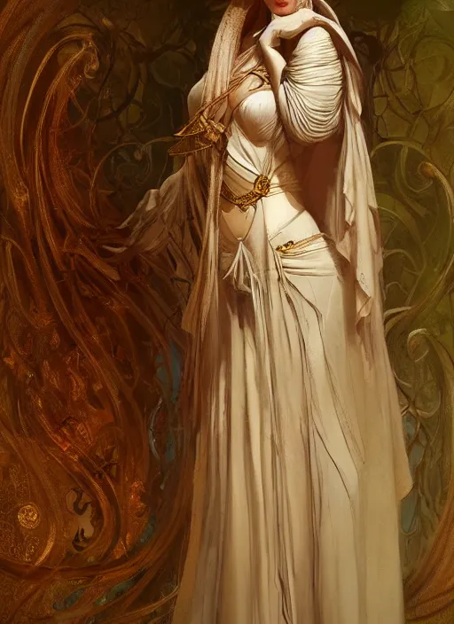 Image similar to character concept portrait of me as modest wife blessed by god to grow ever more intelligent beautiful voluminous muscular tall and virtuous. modestly clothed, intricate, elegant, highly detailed, digital painting, artstation, concept art, symmetry, smooth, sharp focus, illustration, art by gaston bussiere and alphone mucha