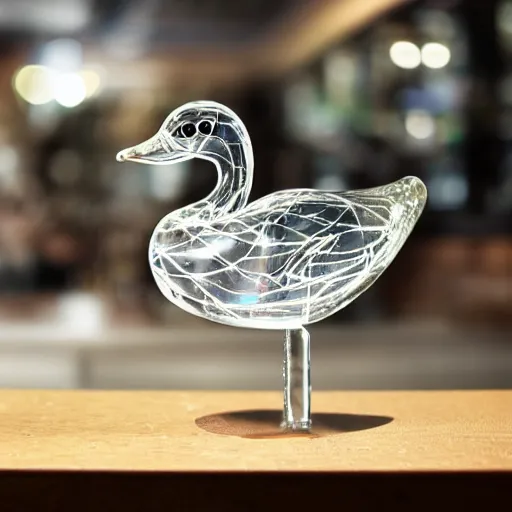 Prompt: real photo of a transparent duck made of glass in a crowded bar, trending on artstation