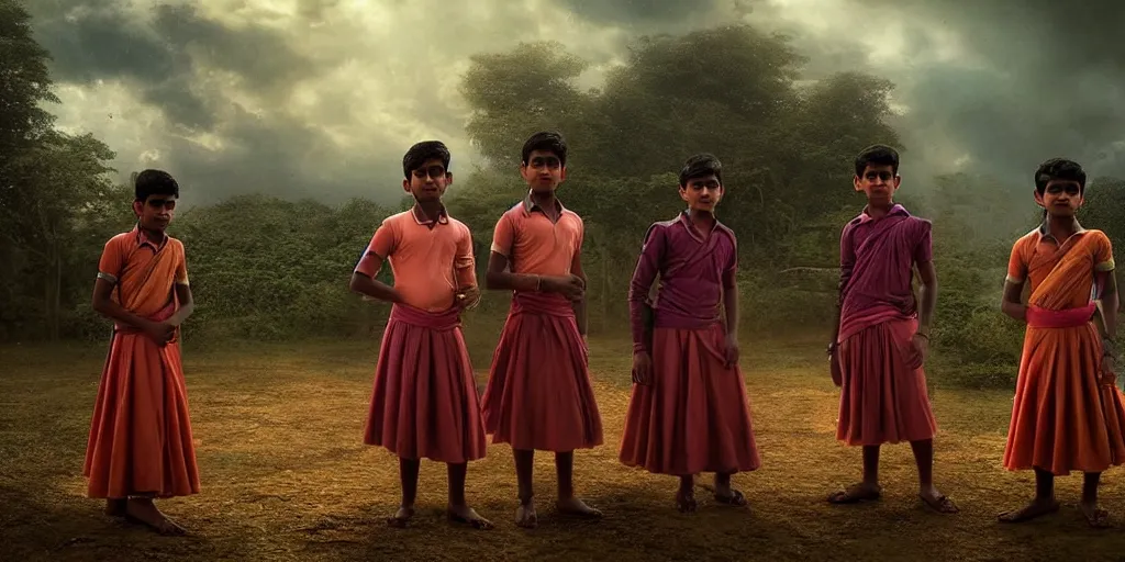 Prompt: kerala school boys wearing girls dresses posing for a photo, an epic fantasy, dramatic lighting, cinematic, establishing shot, extremely high detail, photorealistic, cinematic lighting, artstation, matte painting by christopher nolan, horizon forbidden west