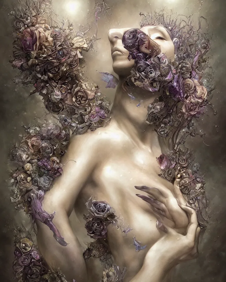 Image similar to a sculpture of a gorgeous etherial female, breaking apart, metaphysical paintings, Andrew Ferez, by Charlie Bowater, Marco Mazzoni, Seb McKinnon, Ryohei Hase, jeremy geddes, lovecraftian, made of mist, cosmic horror, trending on cgsociety, featured on zbrush central, grotesque, vanitas, new sculpture, mystical